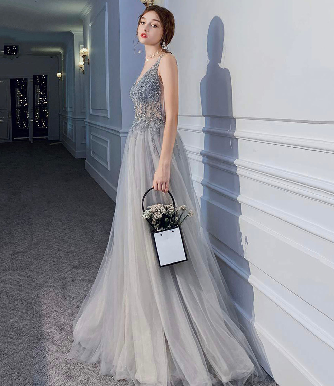 Gray tulle beads long prom dress A line evening dress 10409