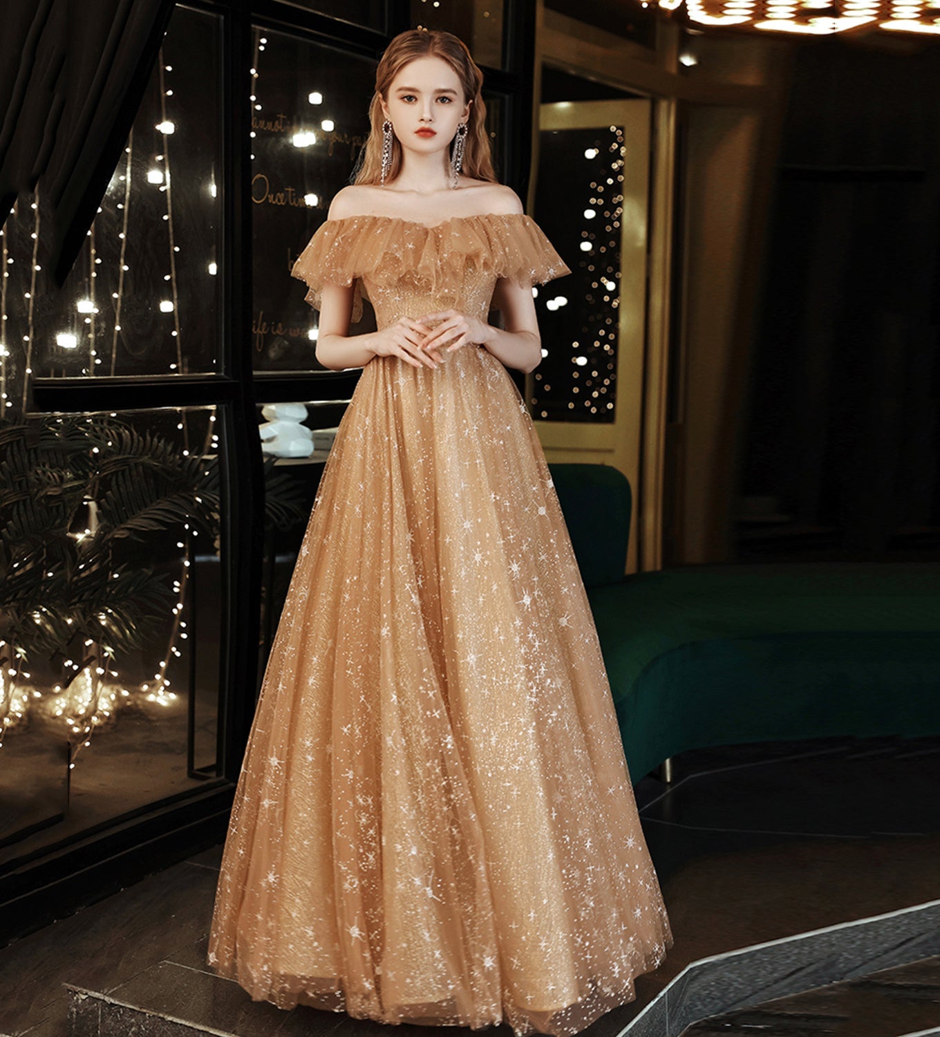 Gold tulle sequins long prom dress evening dress 8508