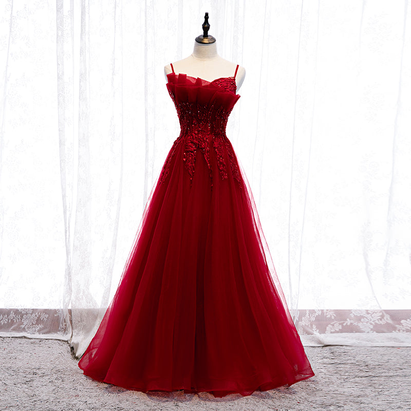 Burgundy tulle lace long prom dress 8316