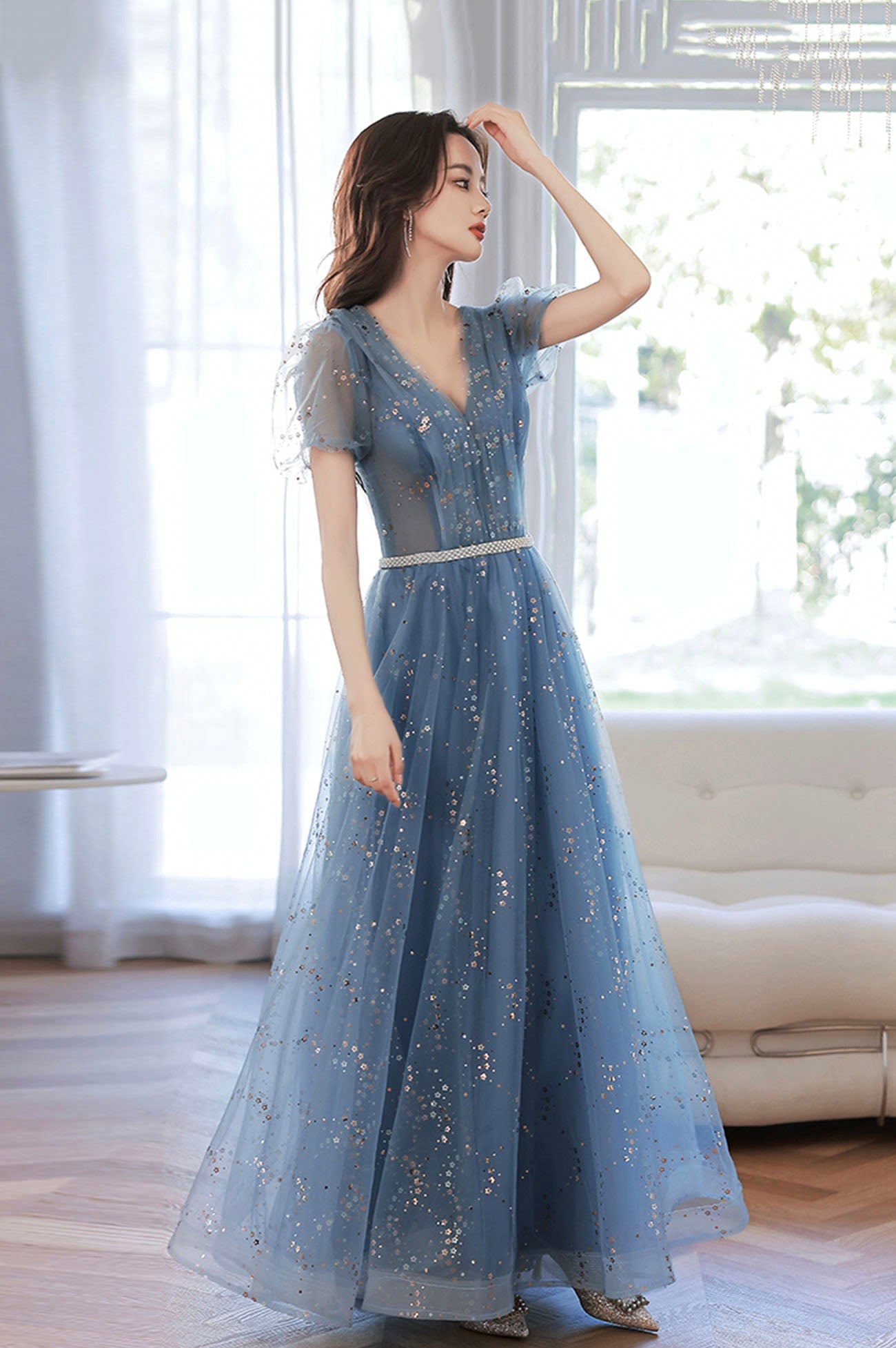 Blue tulle sequins long prom dress blue evening dress 10607