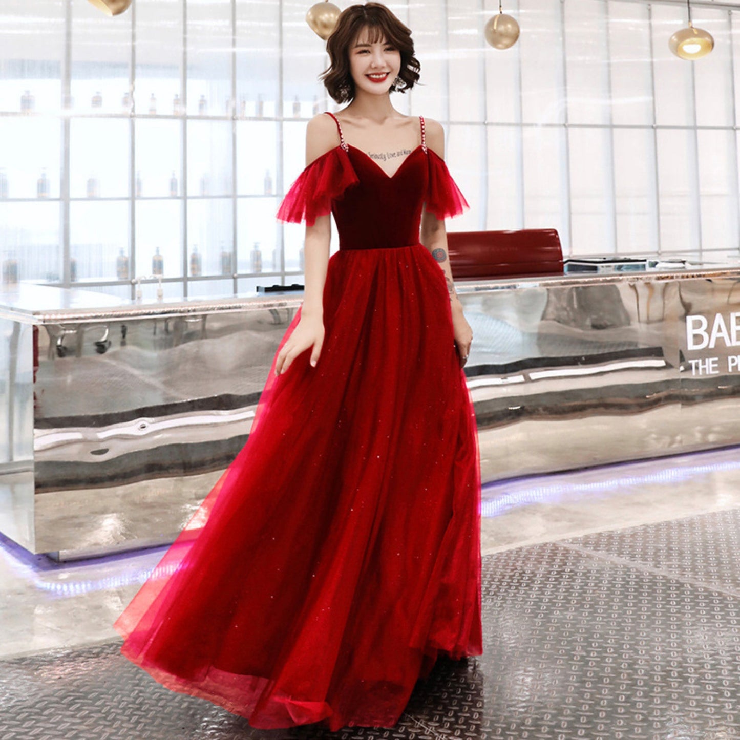 Cute velvet tulle long prom dress evening dress 8986