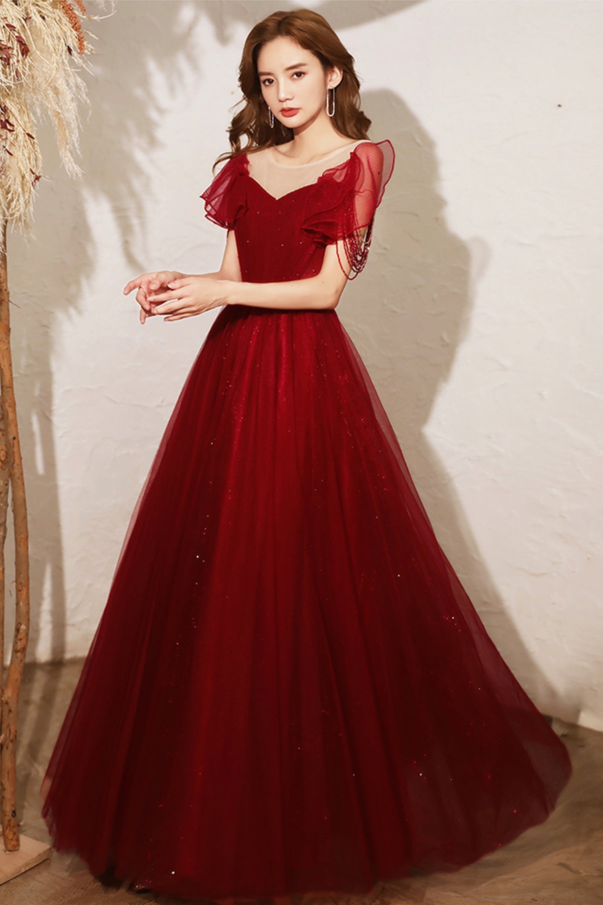 Burgundy tulle long A line prom dress evening dress 8680