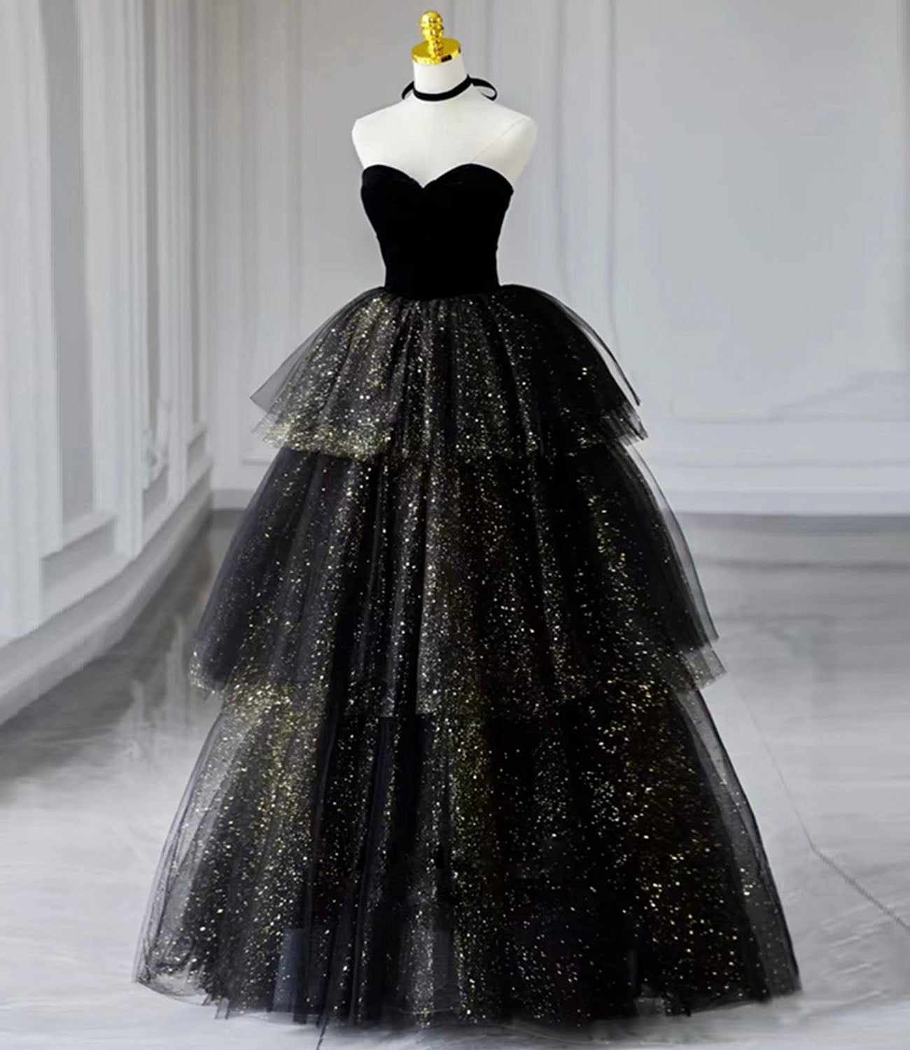 Black velvet tulle long ball gown dress black formal dress 10432