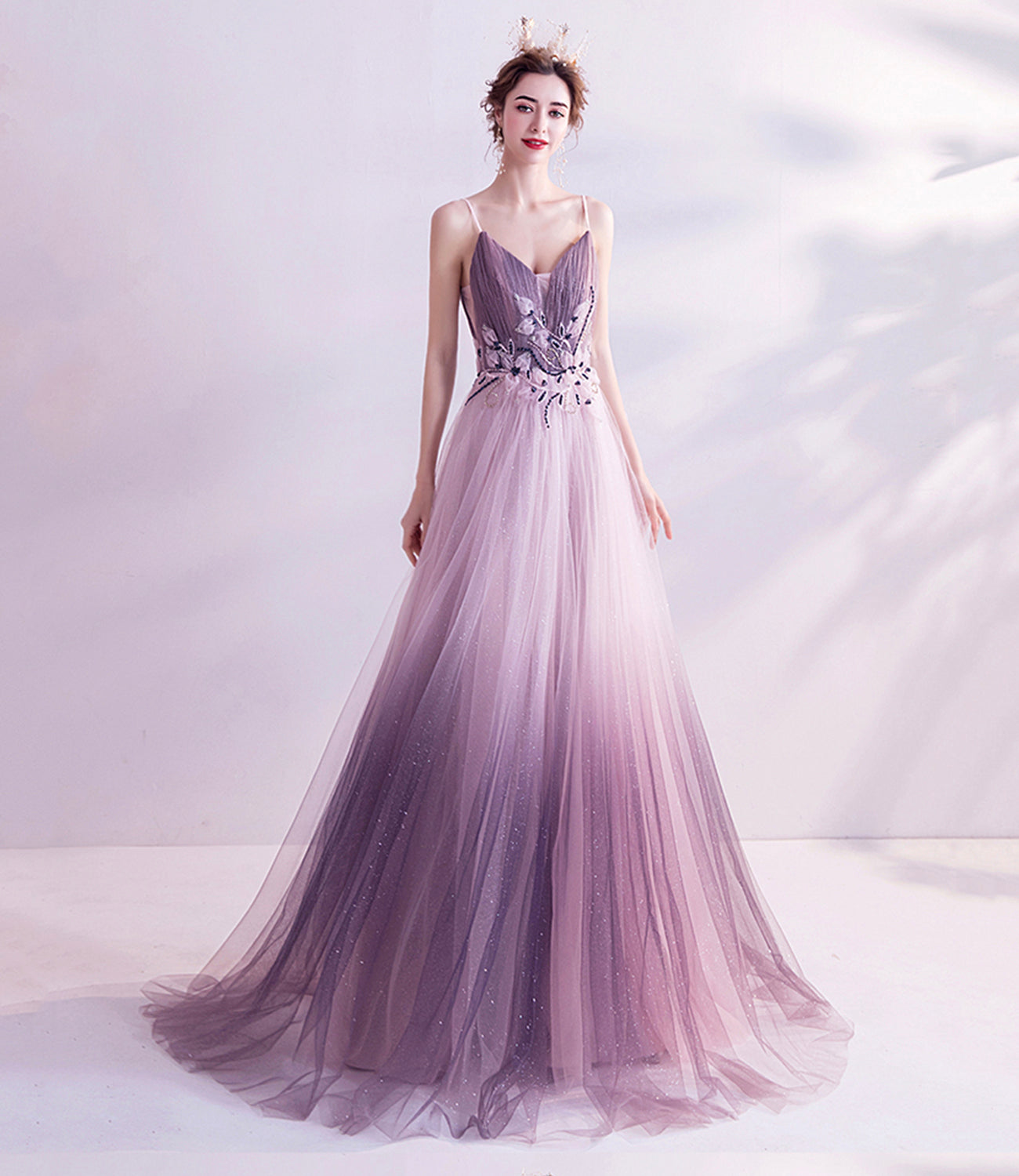 Purple tulle sequins long prom dress purple evening dress 10479