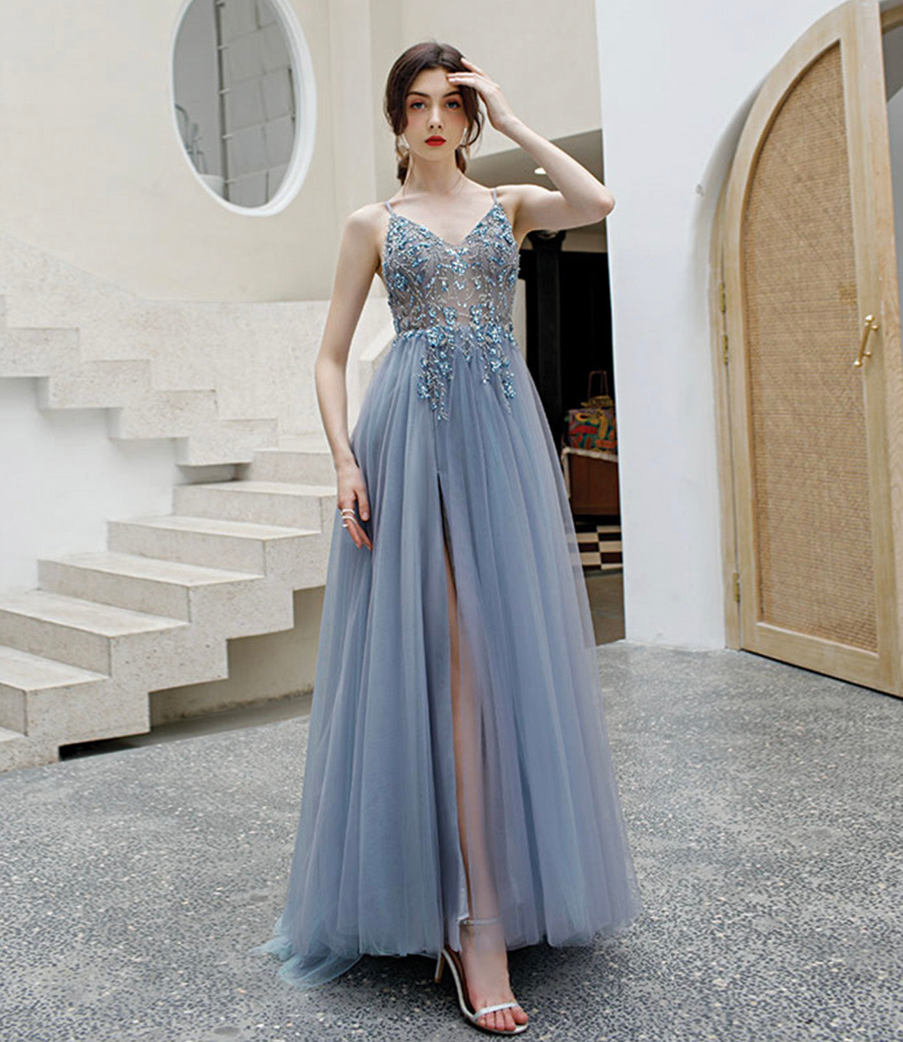 Gray tulle beads long prom dress A line evening dress 10579