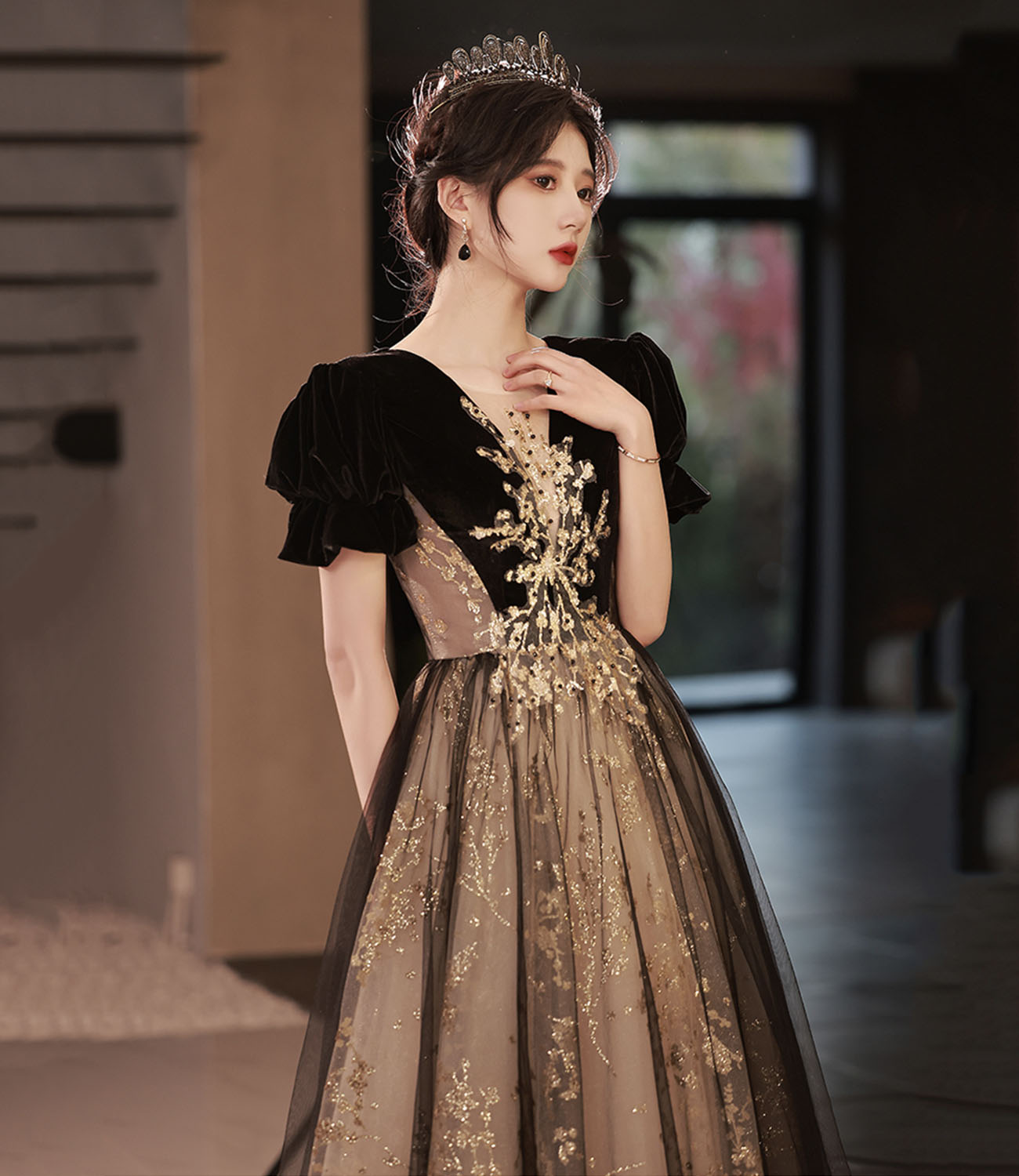 Black tulle sequins long prom dress A line evening dress 10441