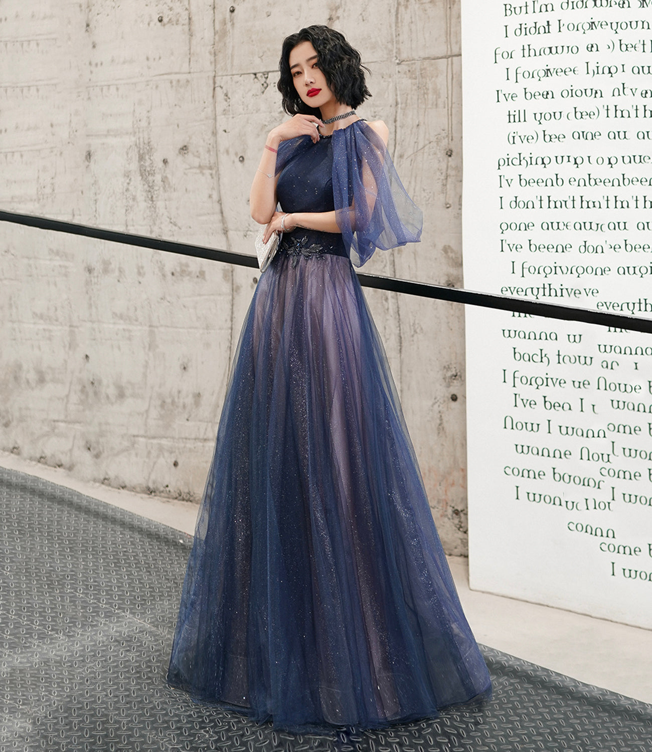 Blue tulle sequins long prom dress blue evening dress 10497