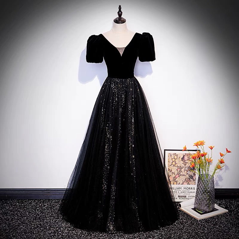 Black velvet tulle long prom dress A line evening gown 10106