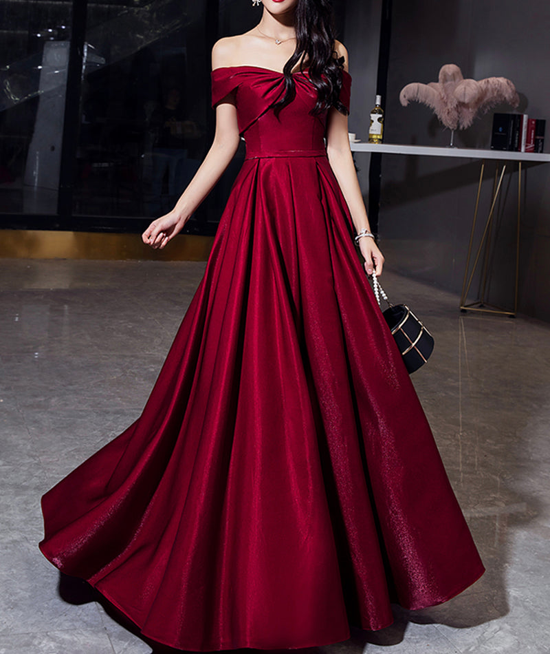 Shiny satin long prom dress burgundy evening dress 8489
