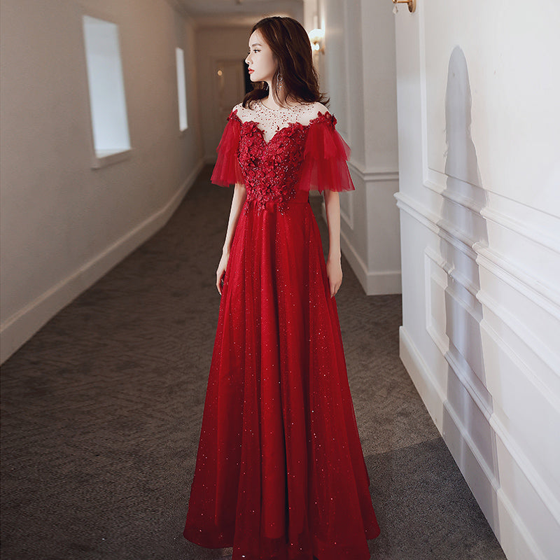 Red tulle lace long prom dress red evening dress 8231