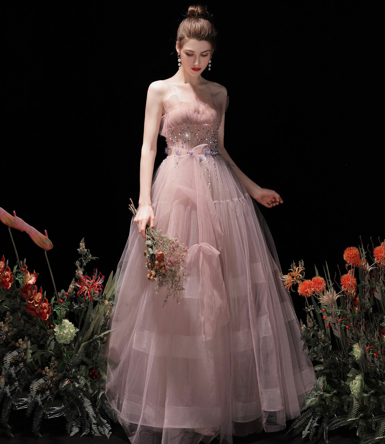 Pink tulle beads long prom dress A line evening dress 10429