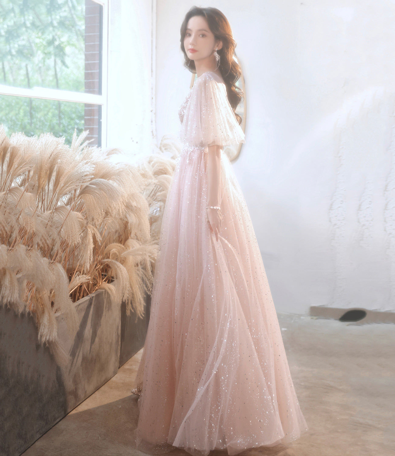 Pink tulle lace long prom dress pink evening dress 10525