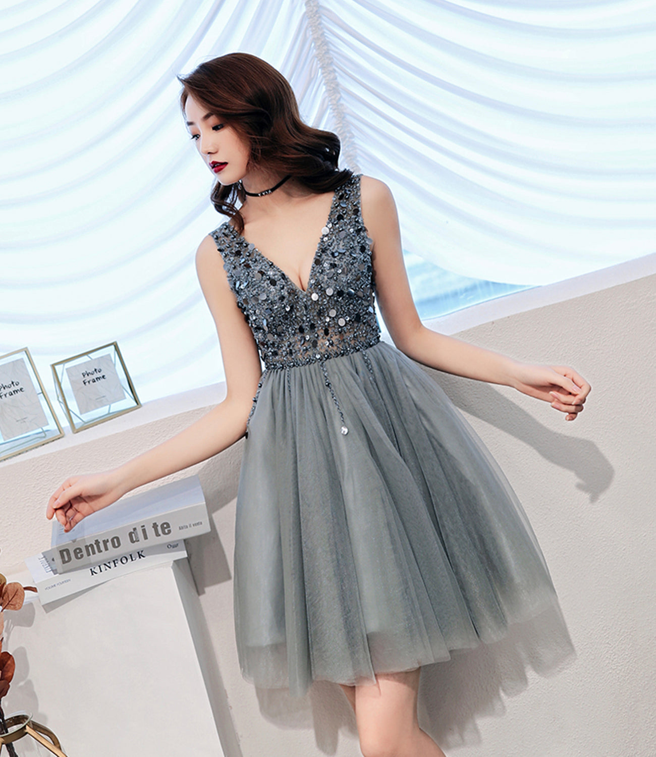 Gray tulle beads short prom dress fashion dress 8849