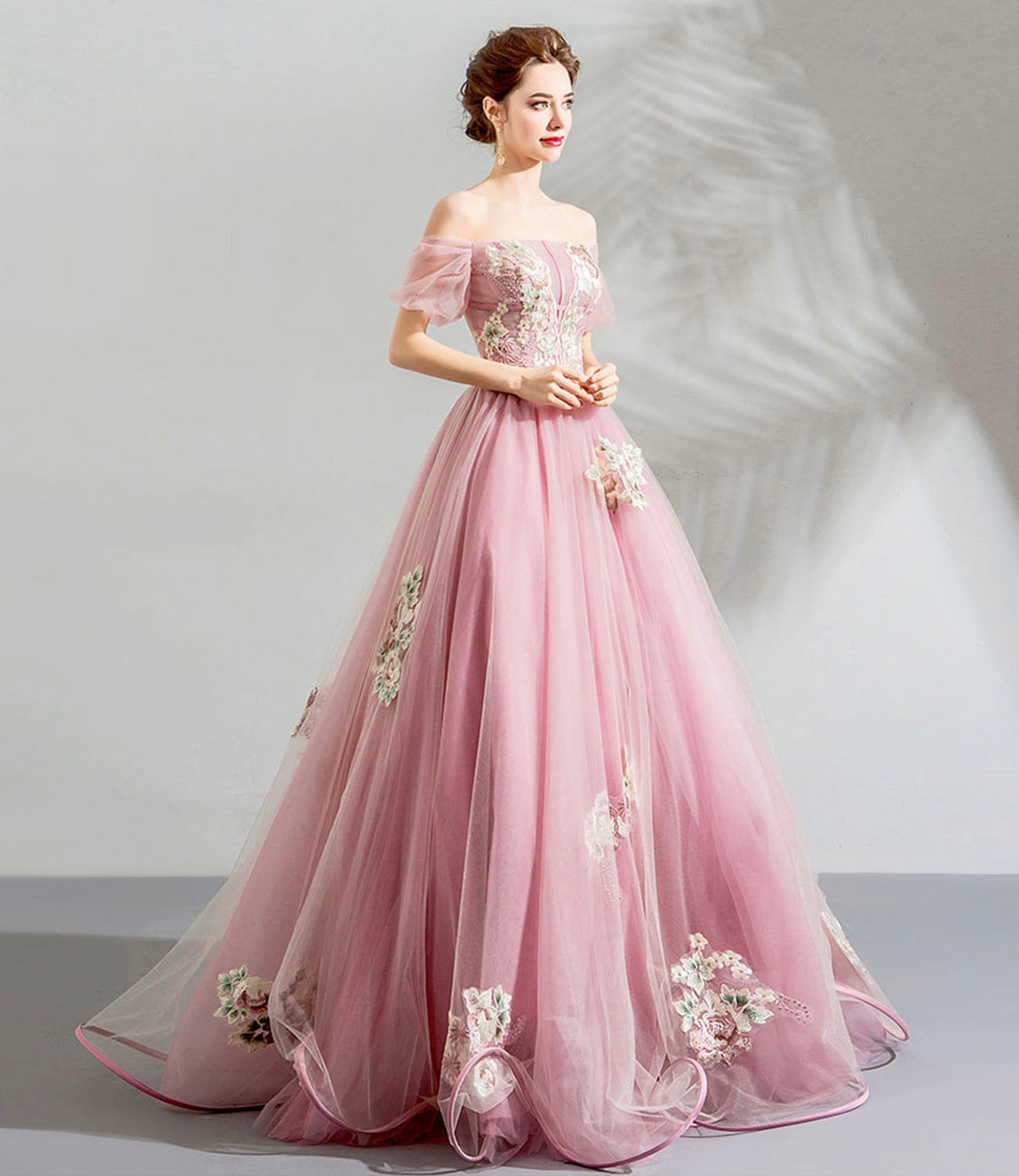 Pink tulle lace long prom dress evening dress 10623