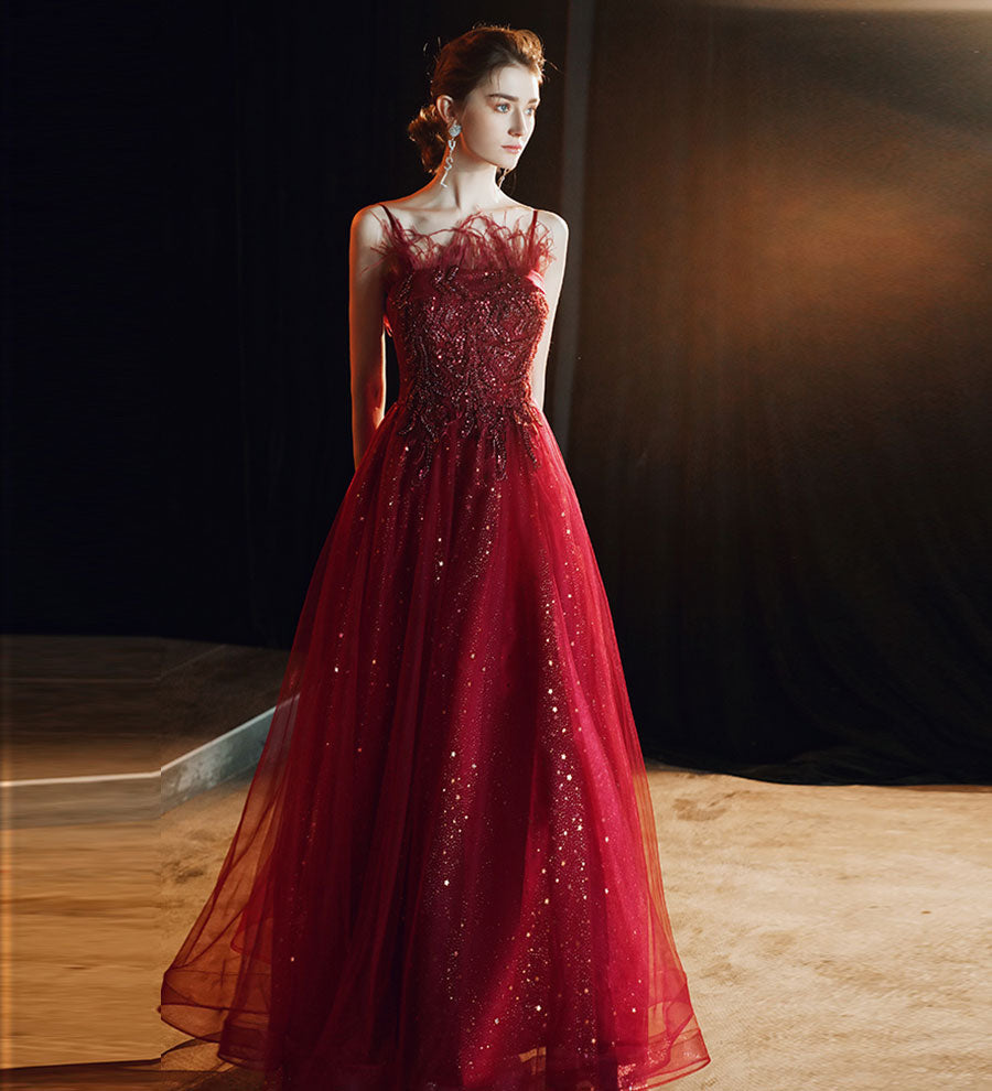 Unique burgundy lace prom dress formal dress 8237