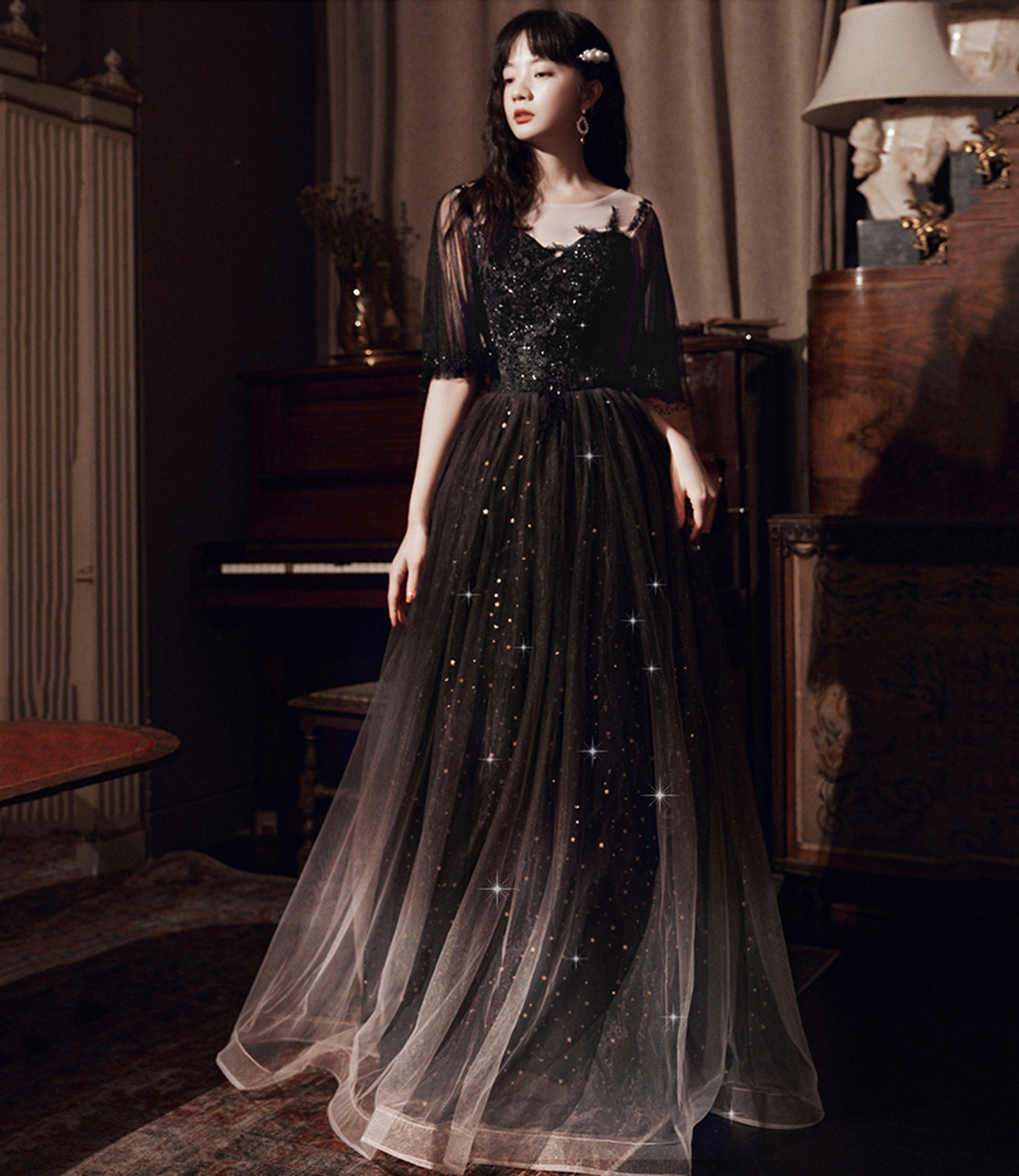 Black tulle lace long prom dress evening dress 10363