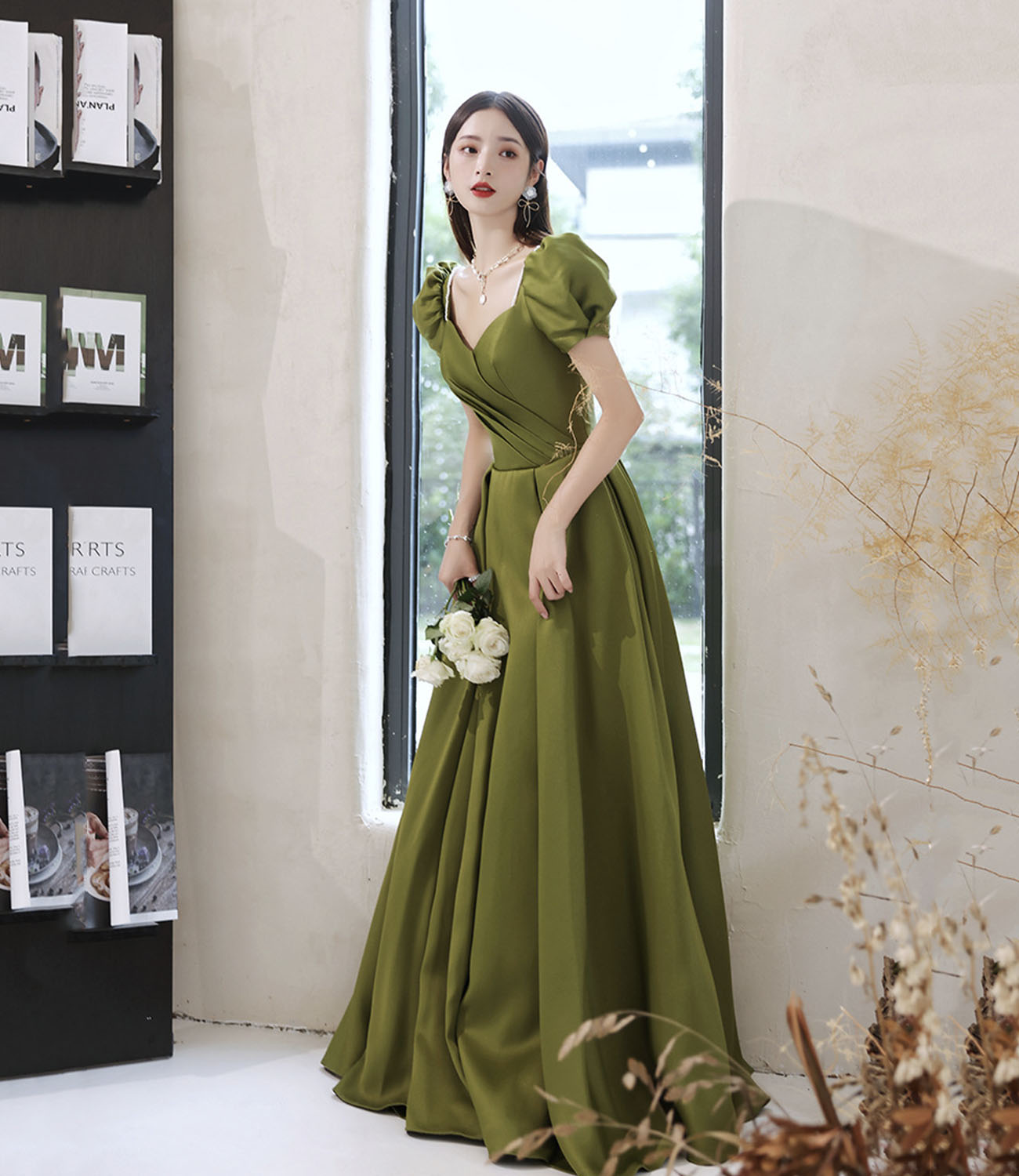 Green satin long prom dress A line evening dress 10431