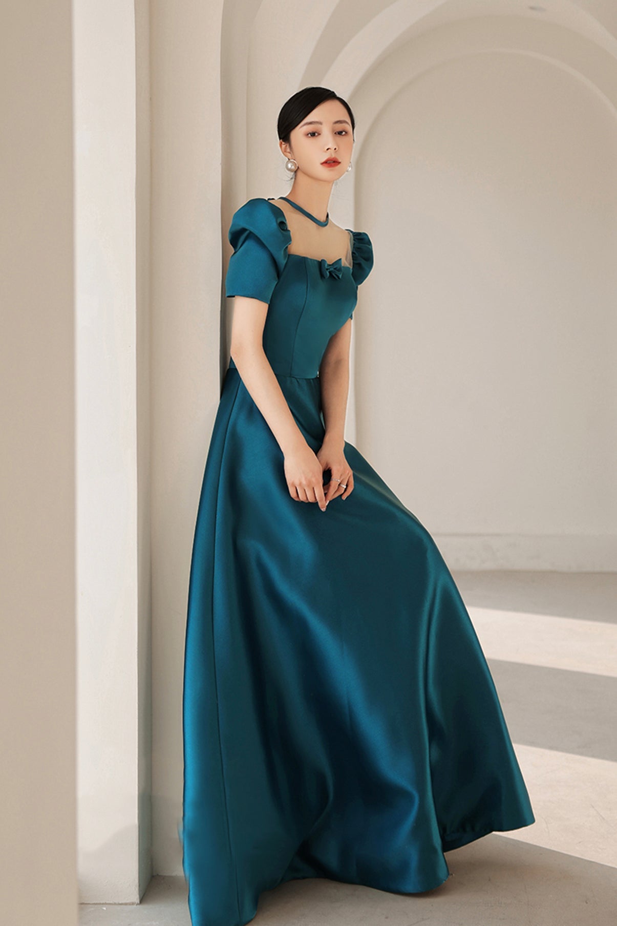Blue satin long A line prom dress blue evening dress 8784