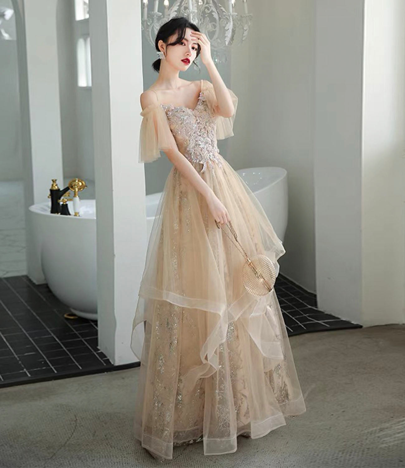 Champagne tulle lace long prom dress A line evening dress 10339