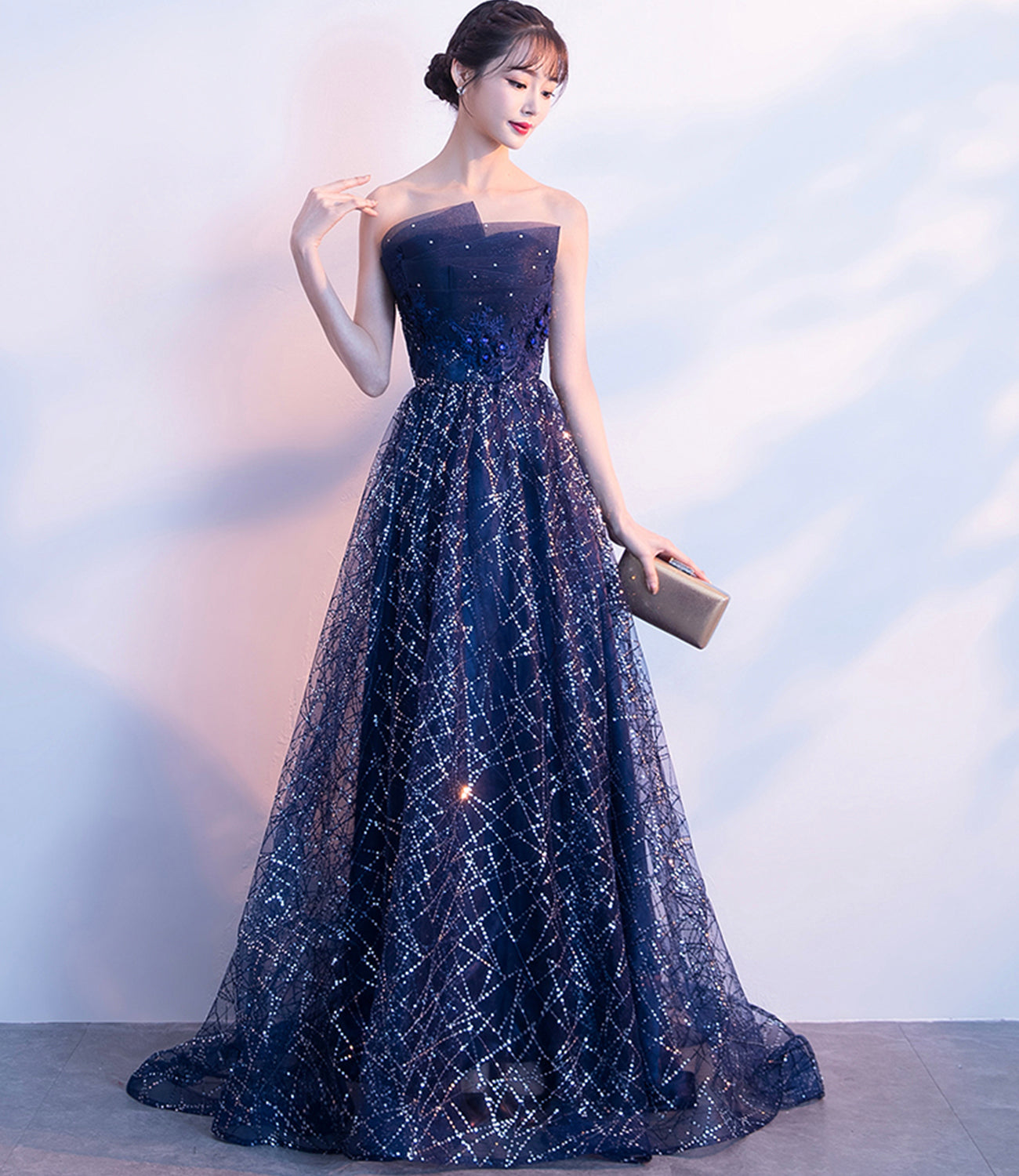 Blue tulle sequins long prom dress A line evening gown 10027