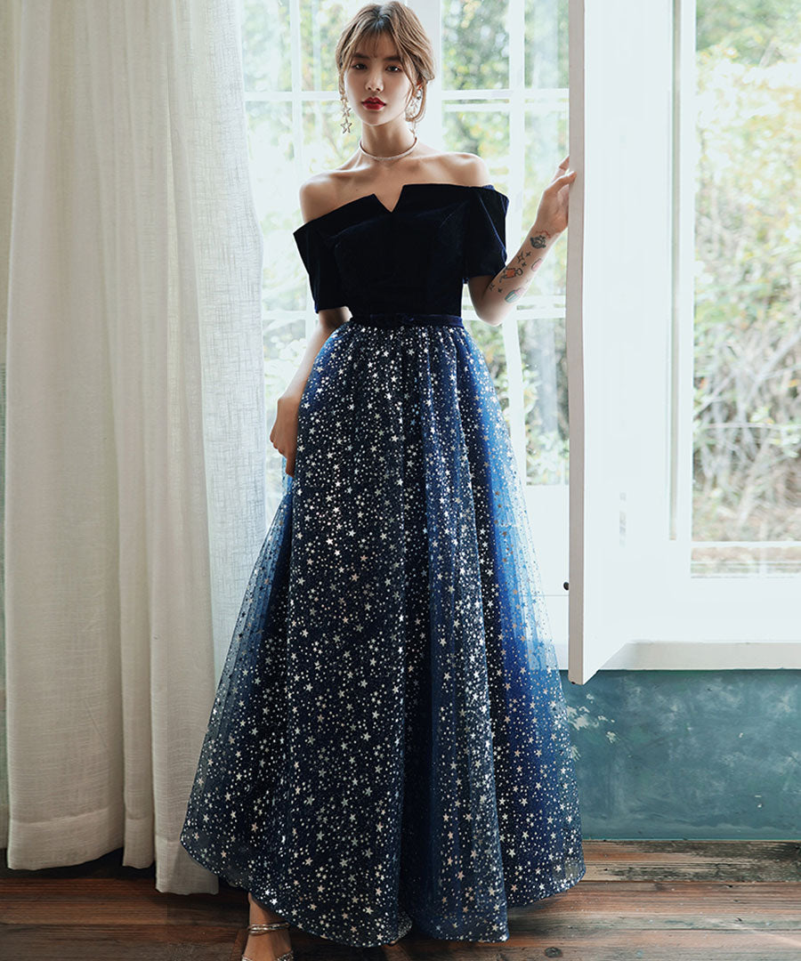 Blue tulle sequins long prom dress formal dress 8291