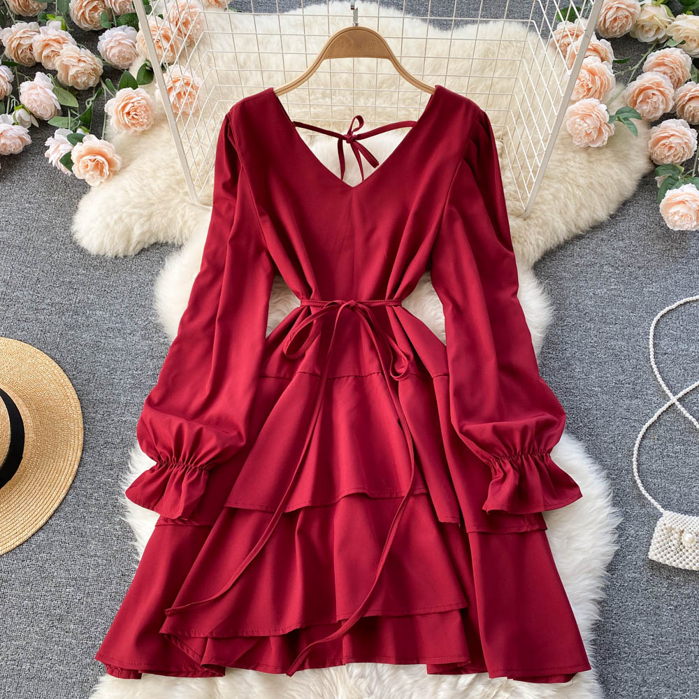 Simple V Neck Long Sleeve Dress Fashion Dress 10775
