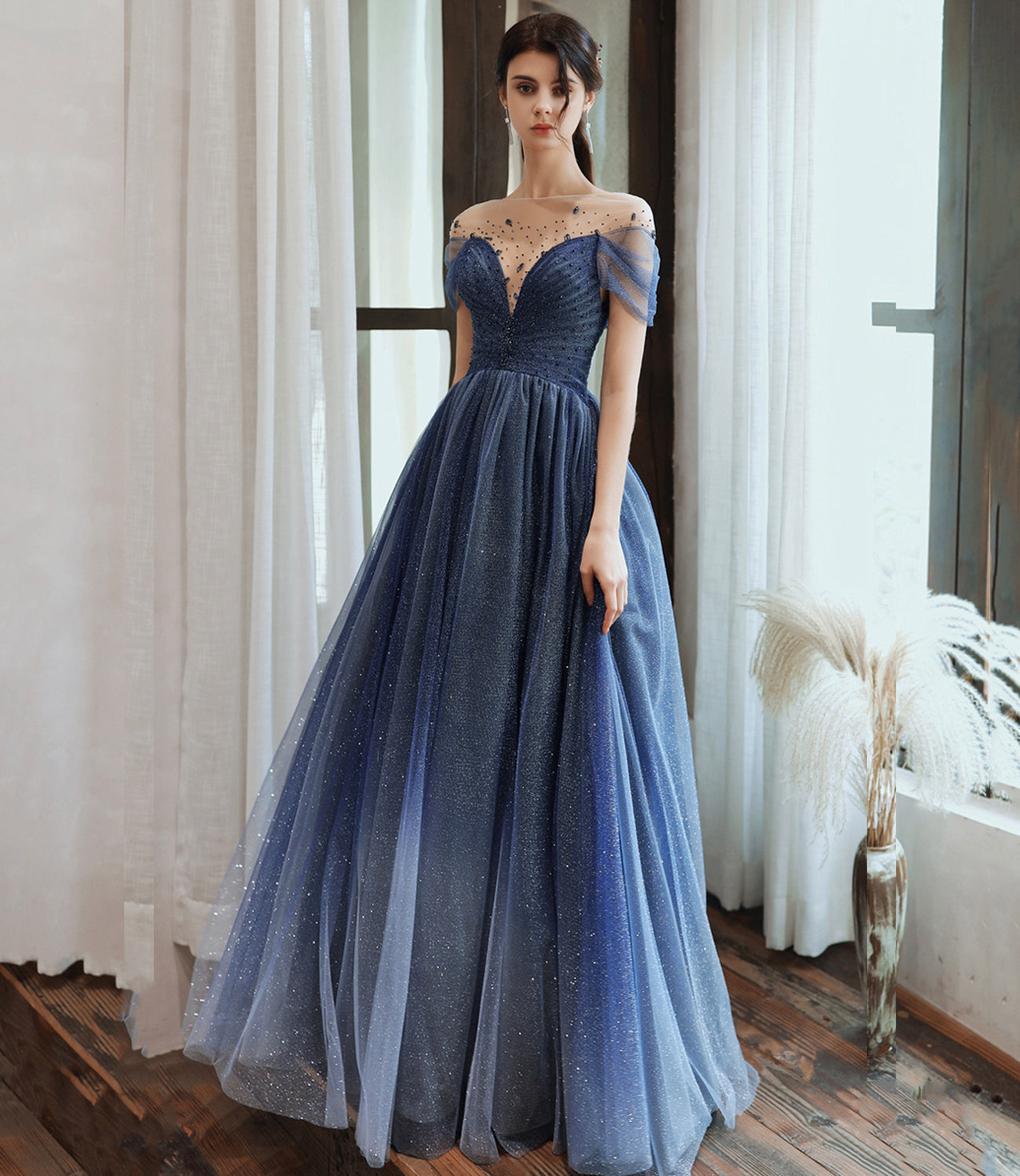 Blue tulle sequins long prom dress blue evening dress 10477