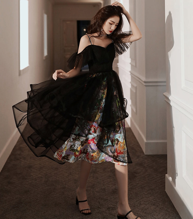 Unique design black tulle short prom dress 8358