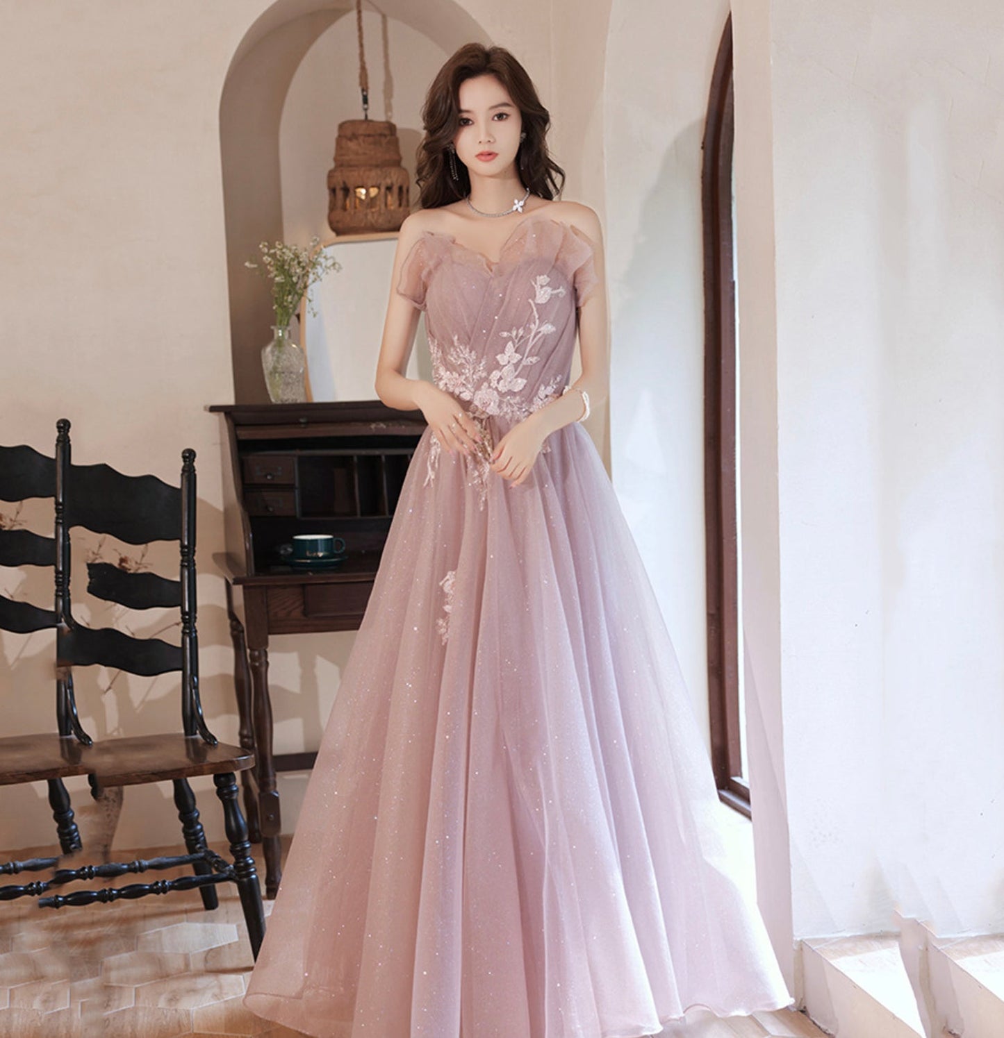 Pink tulle lace long A line prom dress evening gown 8952