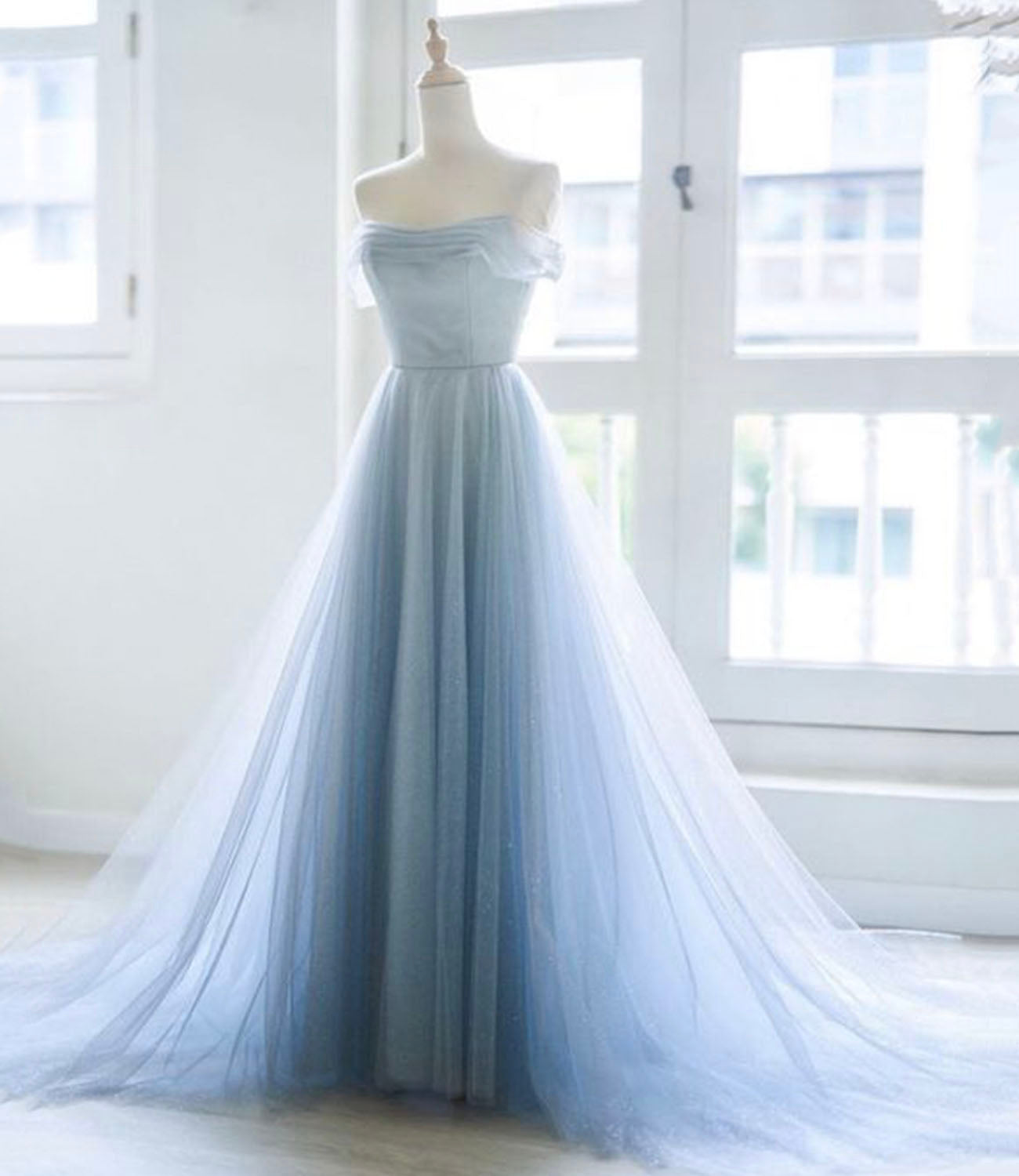 Blue tulle long A line prom dress blue evening dress 10592