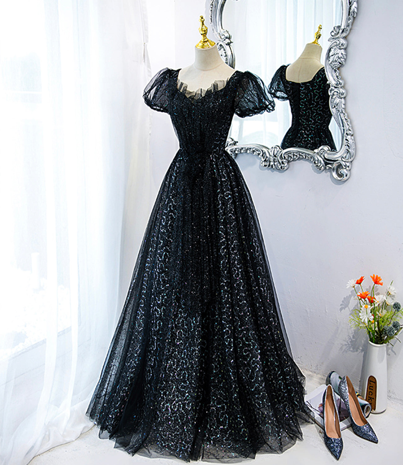 Black tulle sequins long prom dress black evening dress 10467