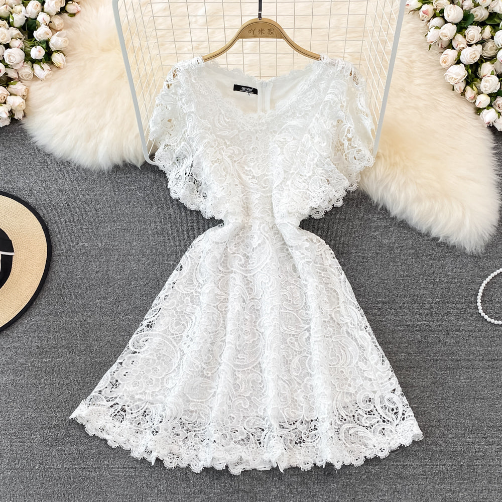 V-neck waistband shows thin, flying sleeve A-line lace dress 11200