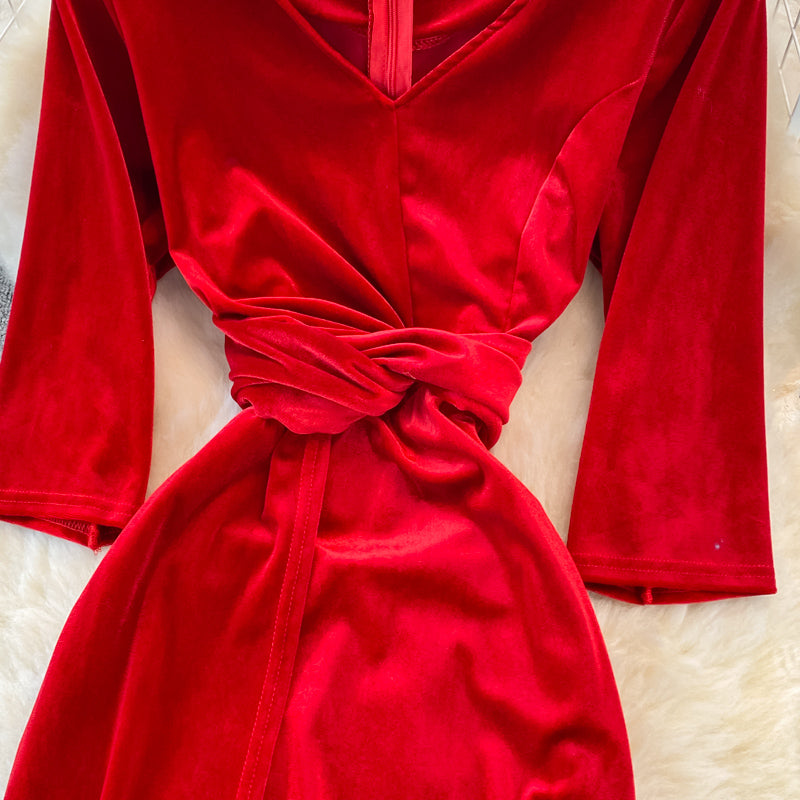 Stylish V Neck Velvet Long Dress Fahsion Dress 10938