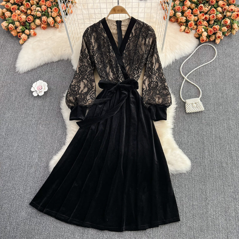 Black V Neck Lace A Line Dress Fashion Dress 10888