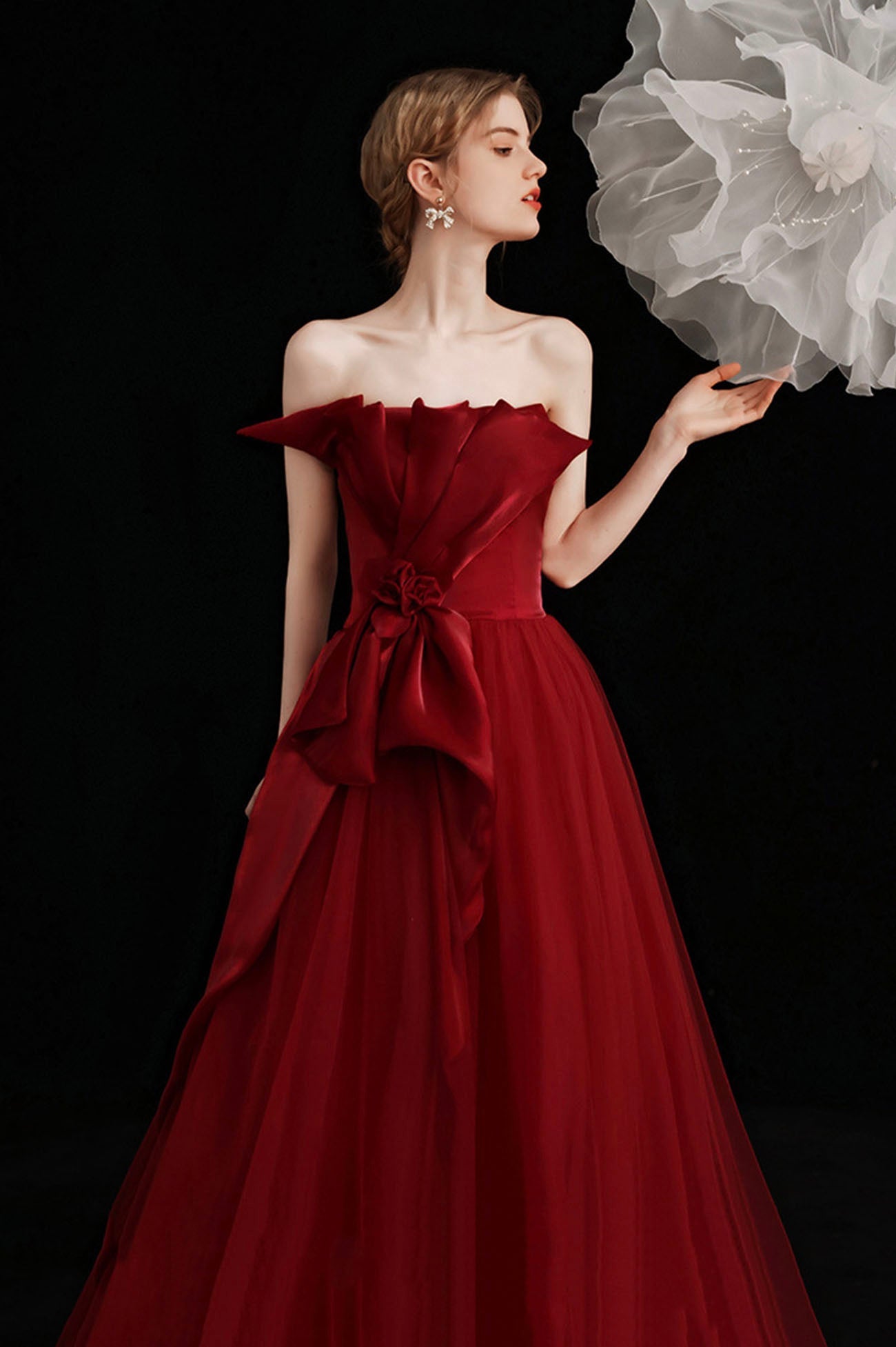 Burgundy tulle long prom dress A line evening dress 10603