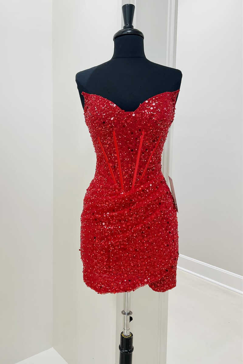 Vestido mini de fiesta con lentejuelas rojas y escote en V