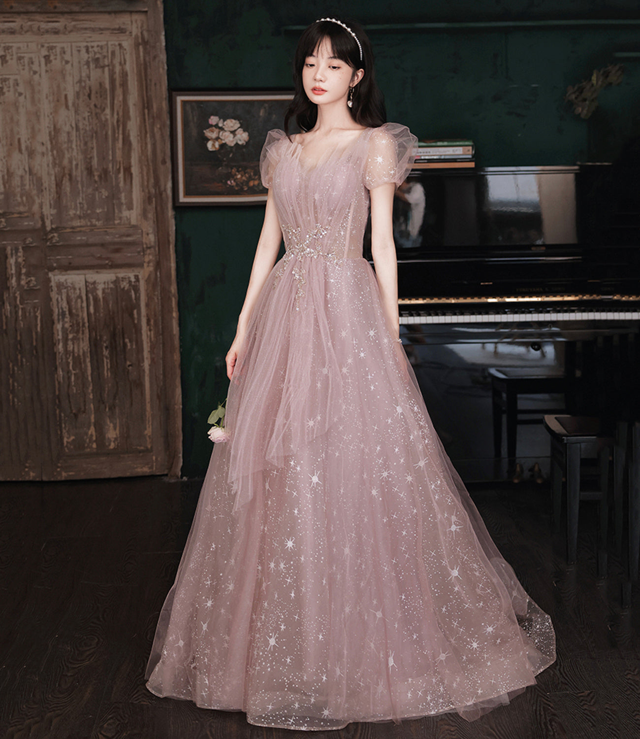 Pink tulle long prom dress A line evening gown 10490