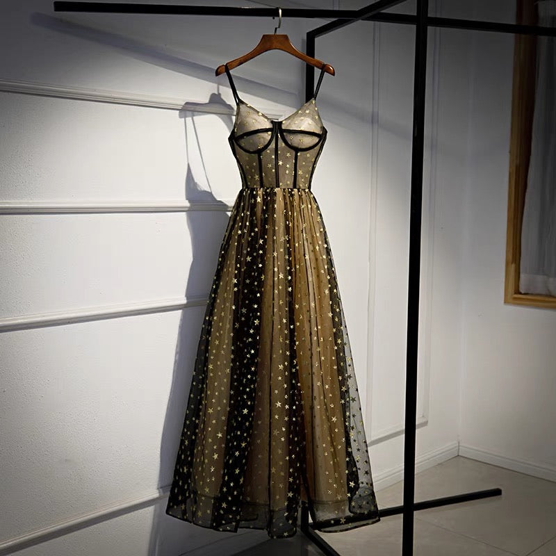 Cute v neck tulle long prom dress with stars evening gown 10089