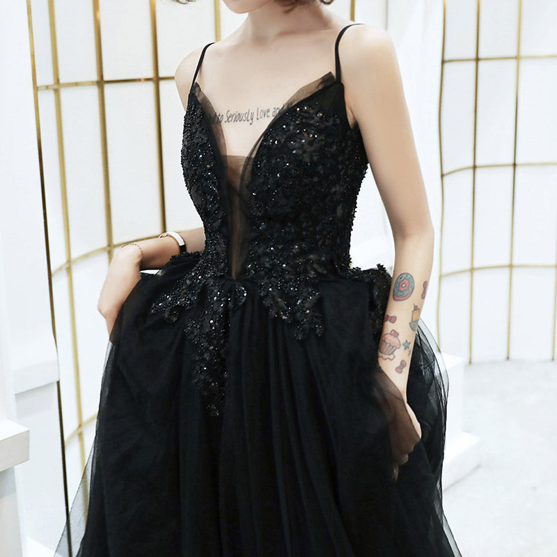 Black v neck tulle beads long prom dress evening dress 8213