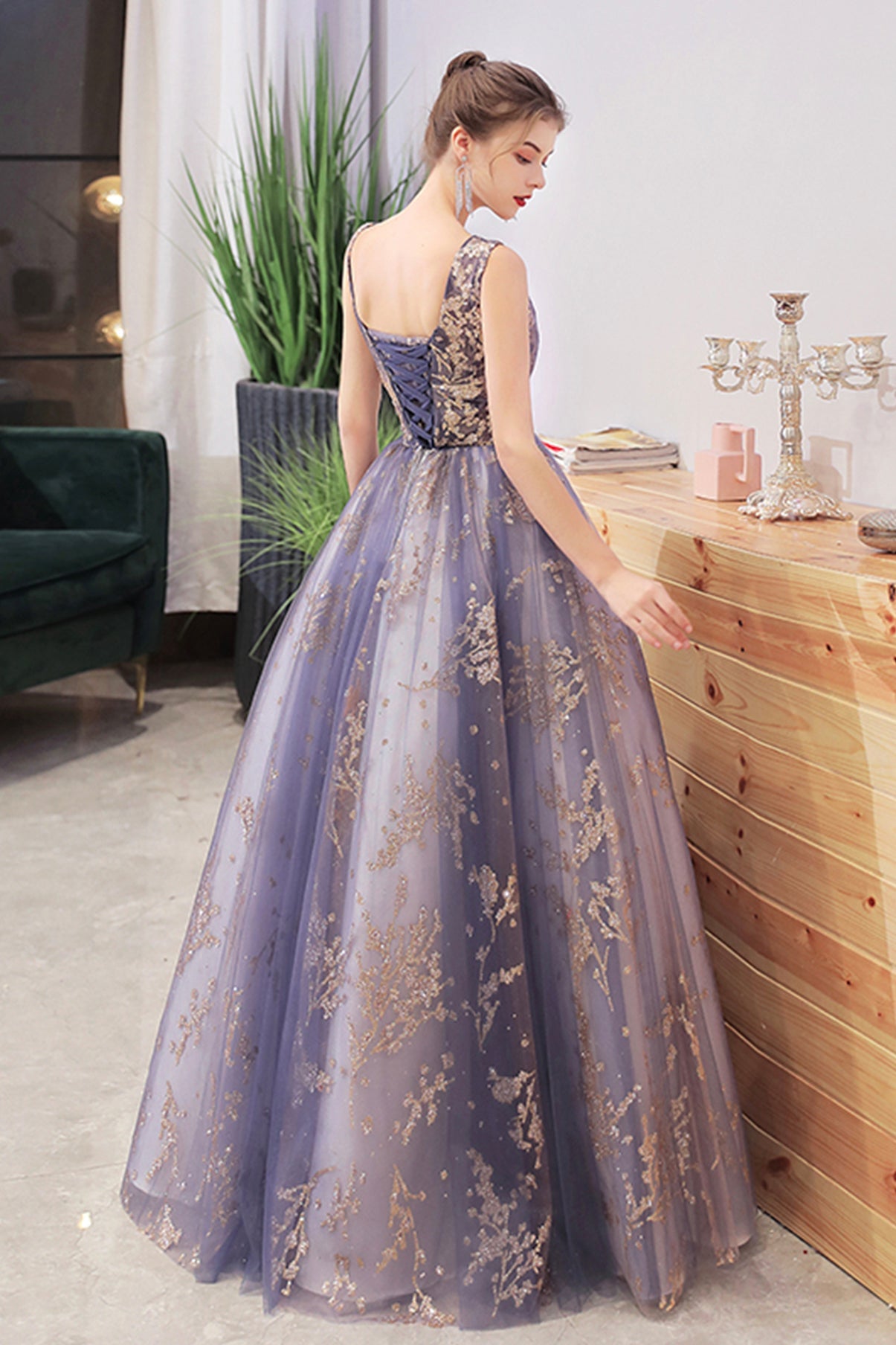 Stylish v neck tulle sequins long ball gown dress 8717