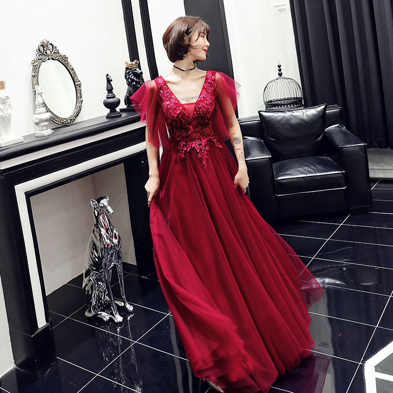 Burgundy v neck tulle lace long prom dress, evening dress 8029