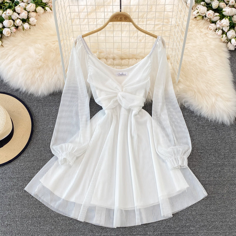 White V Neck Short Dress A Line Long Sleeve Dress 10819