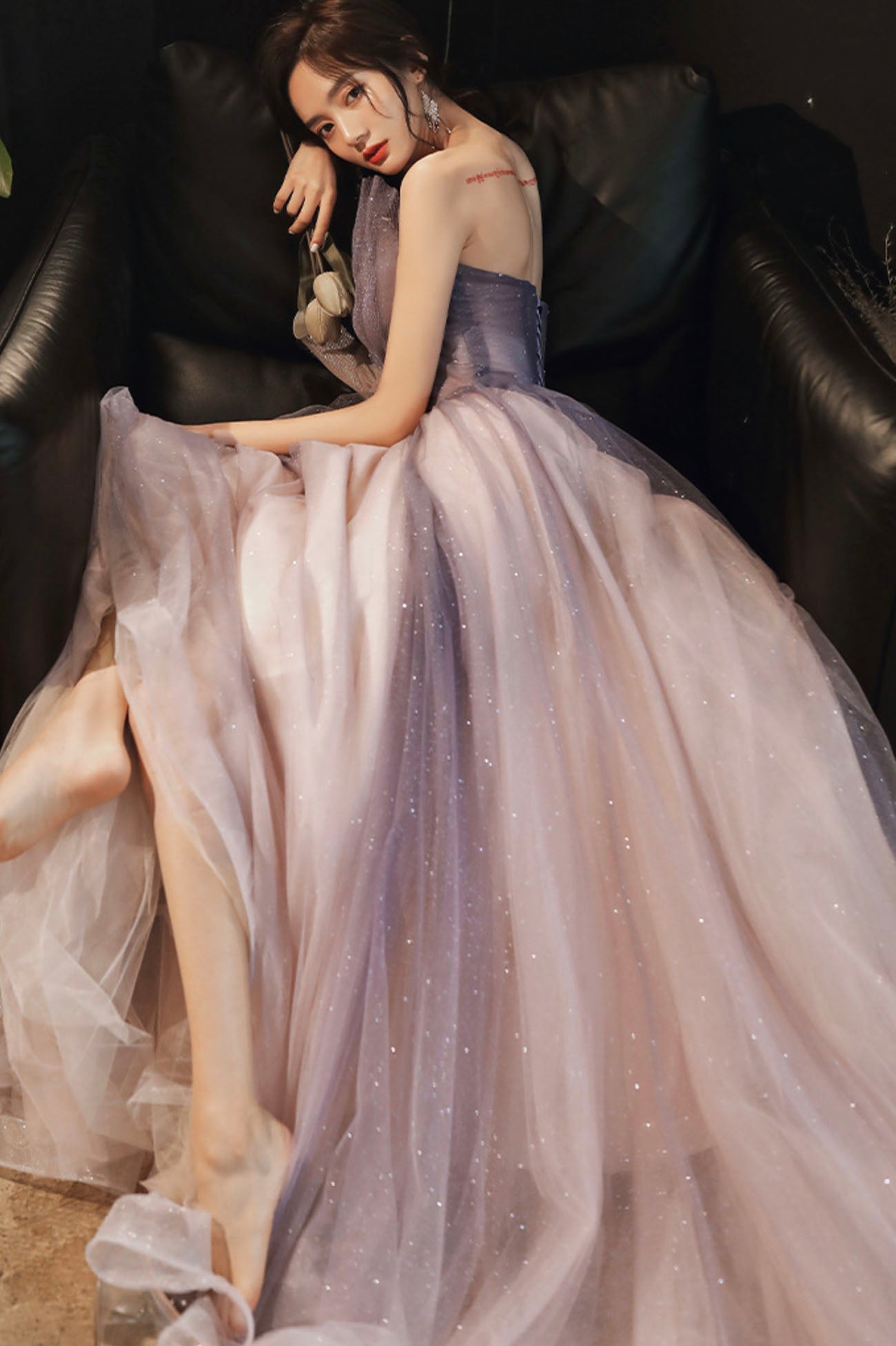Purple tulle sequins long prom dress evening dress 10624