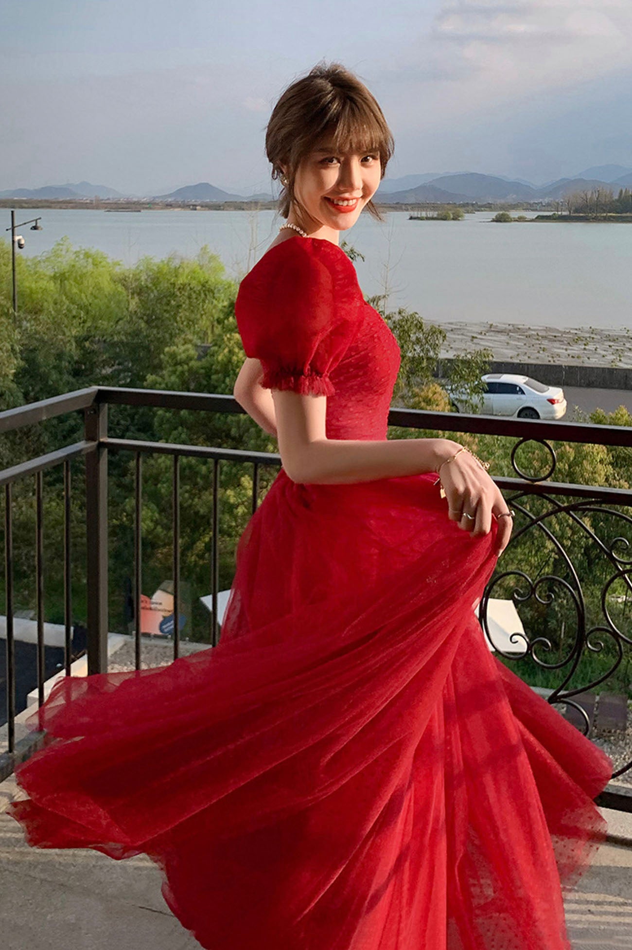 Red tulle long prom dress A line evening dress 10602