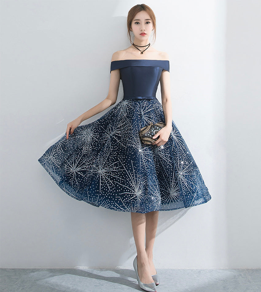 Blue tulle sequins short prom dress party dress 8539