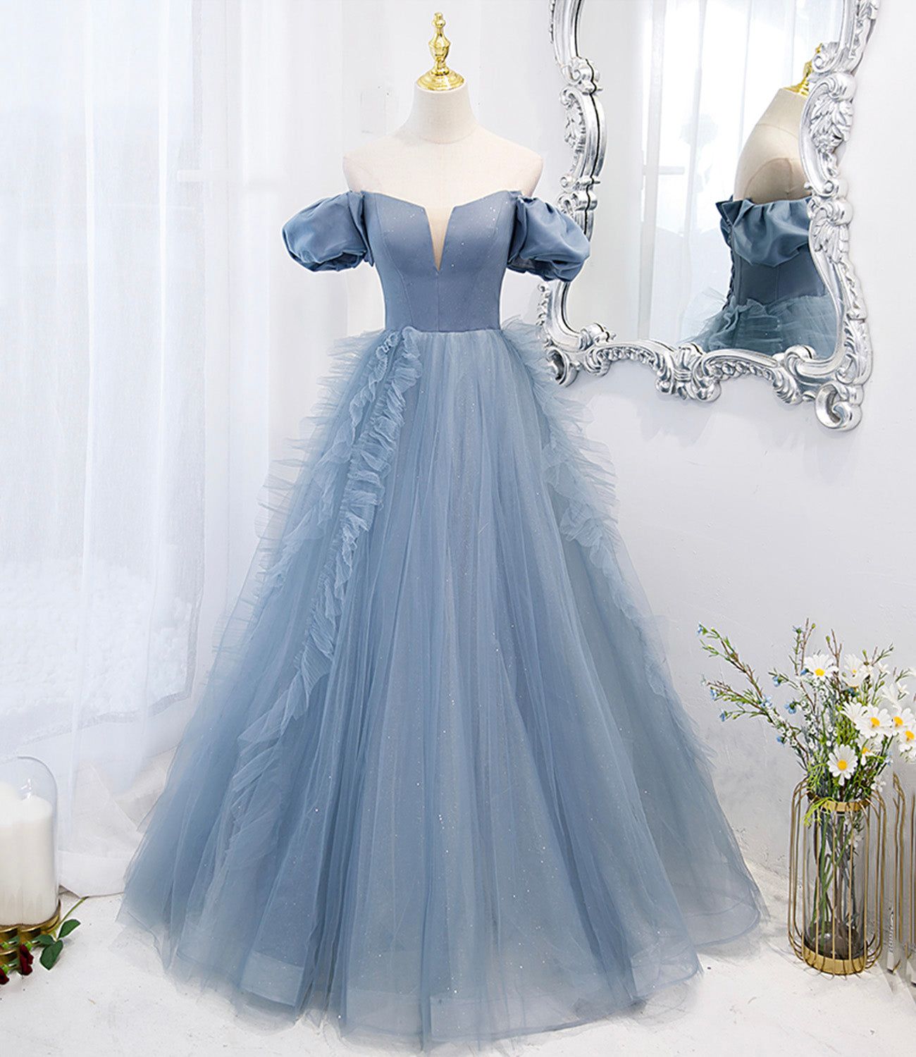 Blue tulle long prom dress blue evening dress 10294