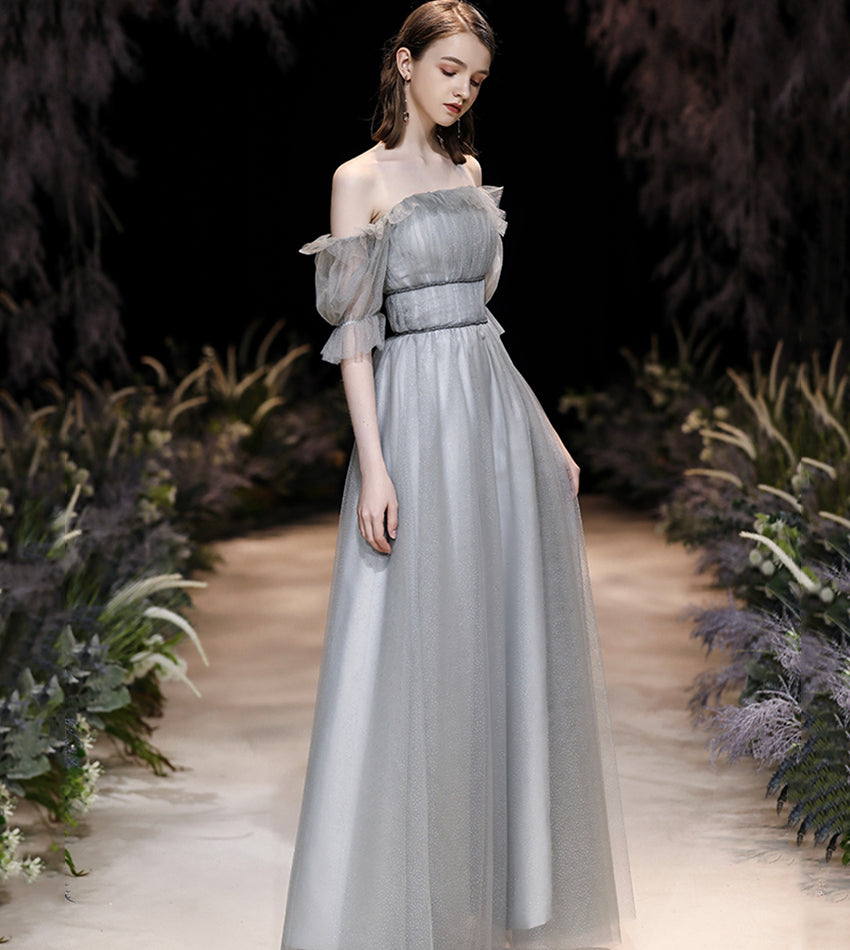 Grey tulle long prom dress grey evening dress 8557