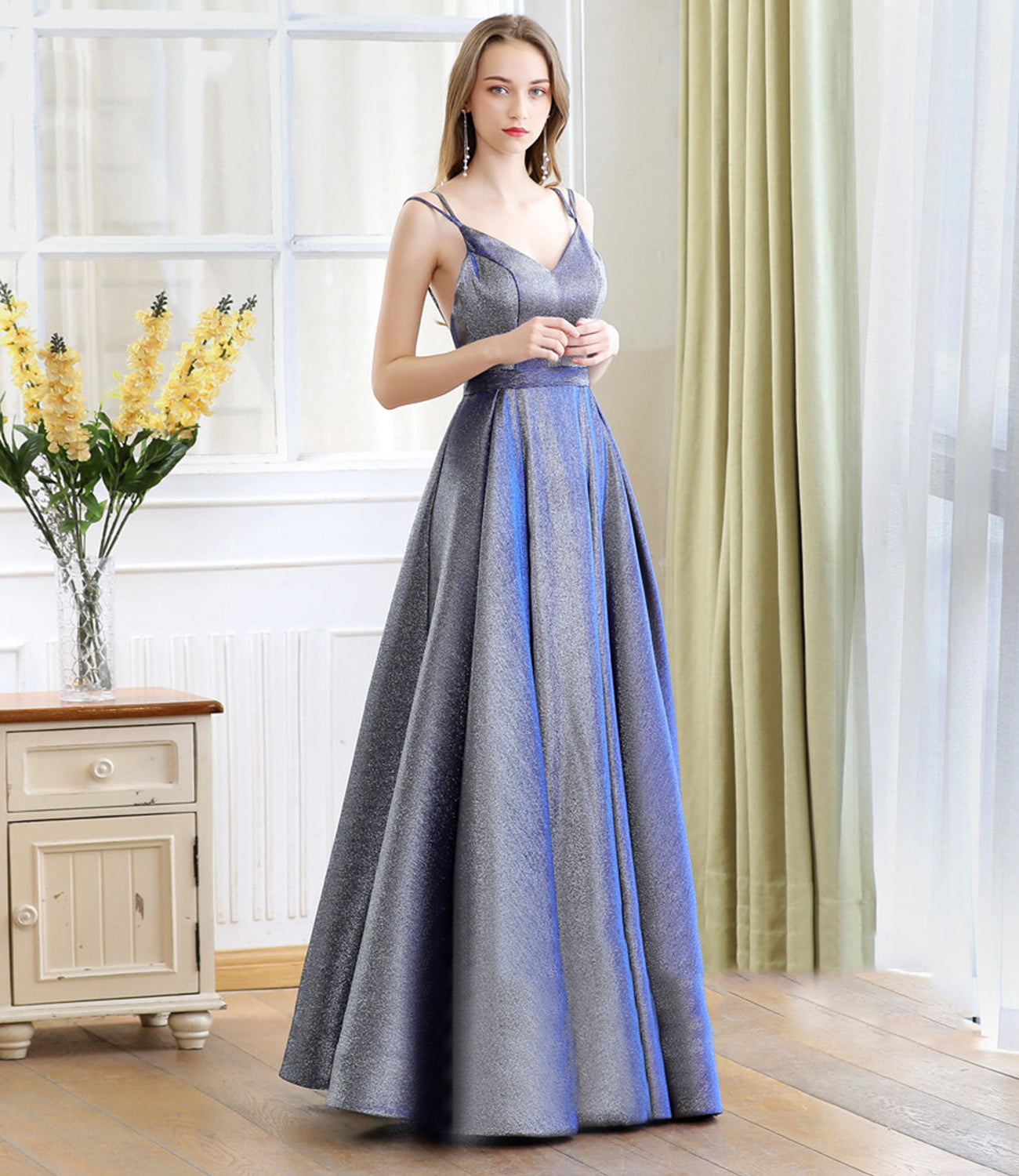 Blue satin long A line prom dress blue evening dress 10235