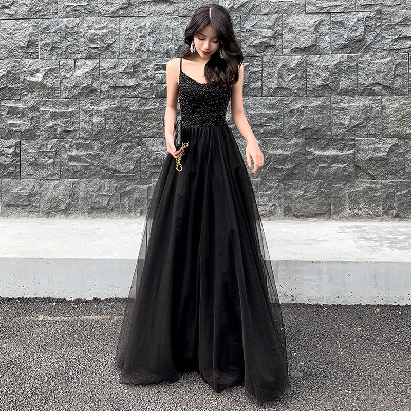 Black tulle beads long prom dress, black evening dress 8028