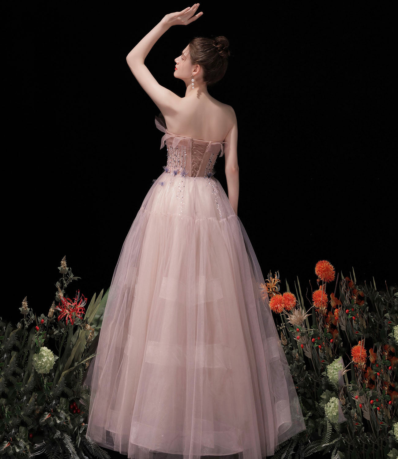 Pink tulle beads long prom dress A line evening dress 10429